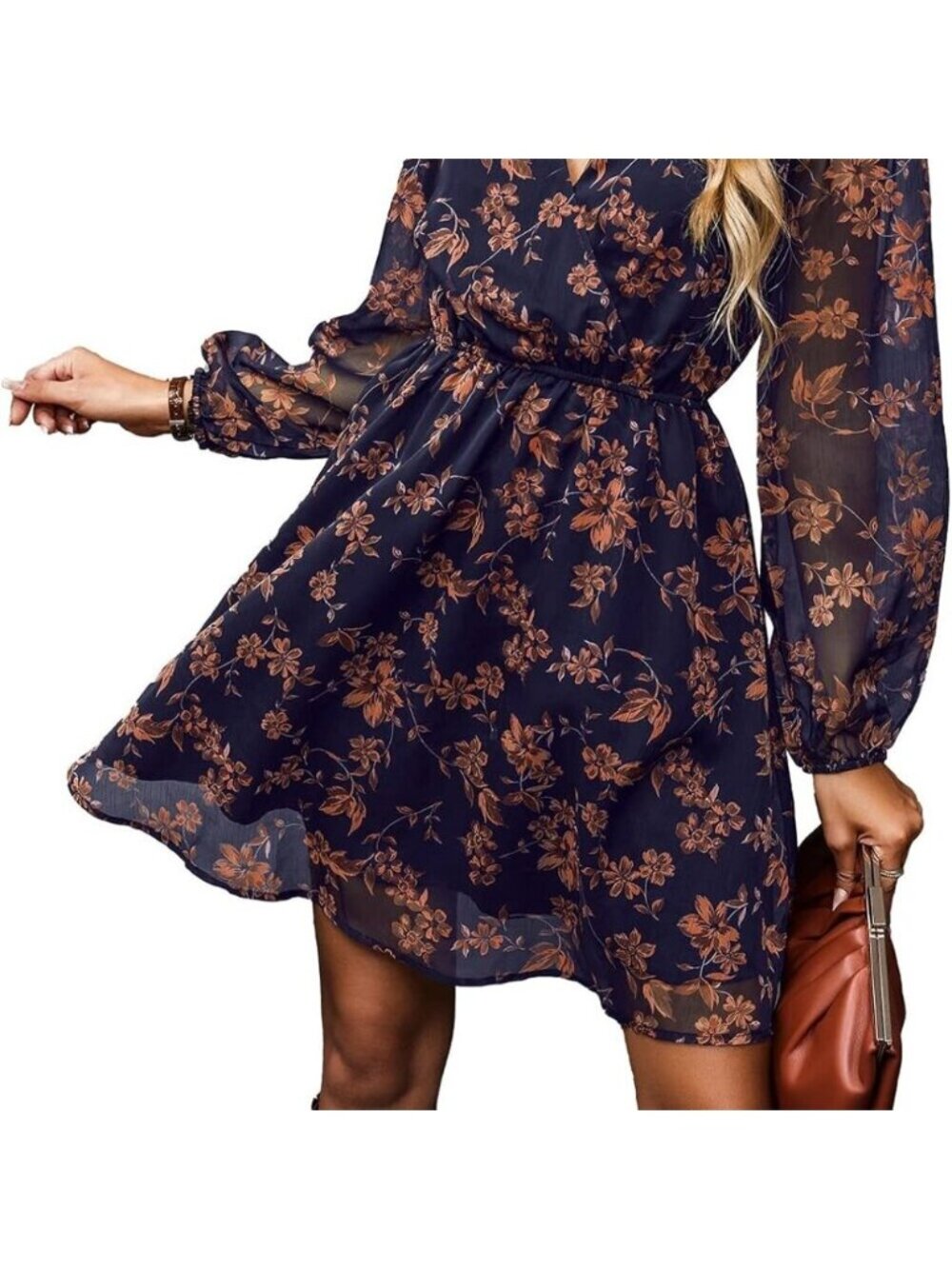 Women's Mini Dresses Casual Spring V Neck Chiffon Long Peasant Sleeves Flowy Sum